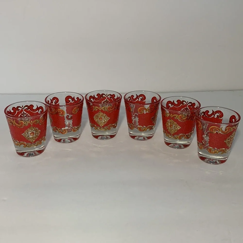 VTG Starlyte Barware Shot Glasses Signed Red and Gold Textured Design Set Of Six